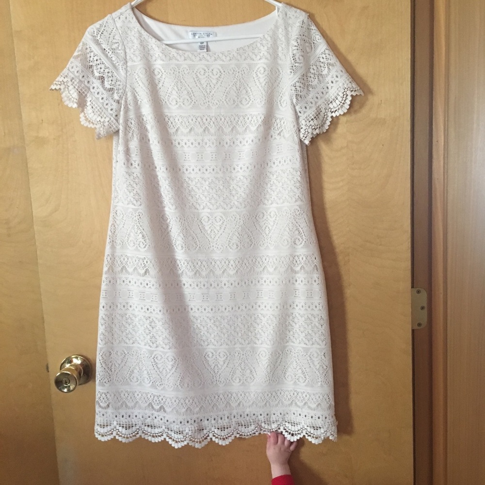 London Style Collection Lace Dress Womens 6P White Excellent Short Sleeve Shift